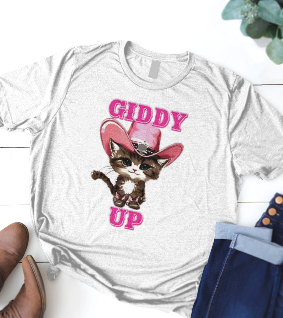 Giddy Up Cowboy Cat Pink Hat Kitten T-Shirt