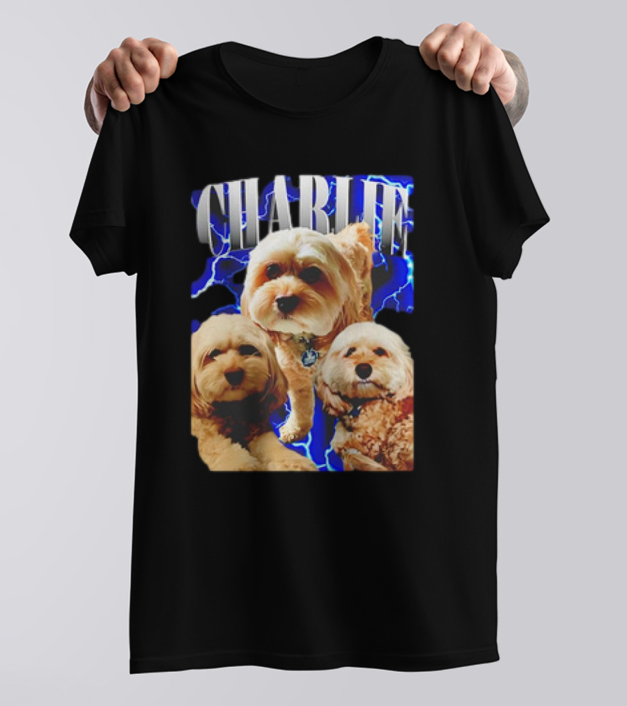 Charlie Three Dogs Blue Lightning Background T-Shirt