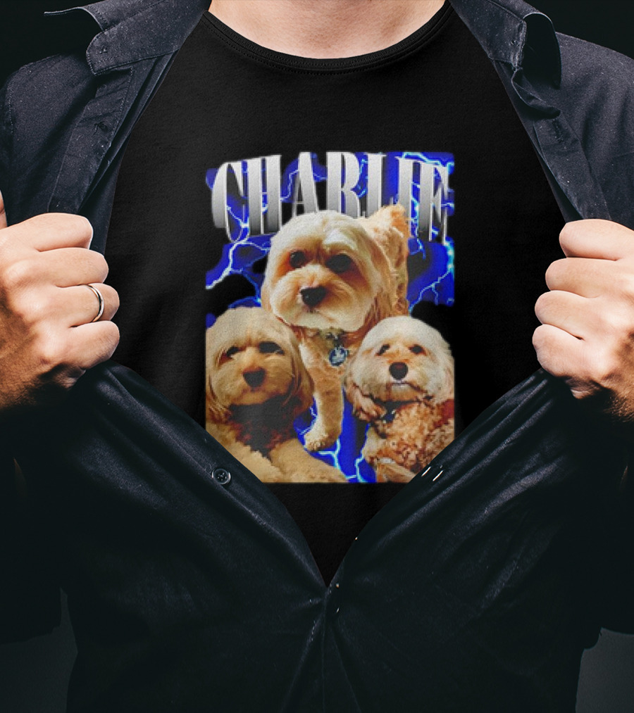 Charlie Three Dogs Blue Lightning Background T-Shirt