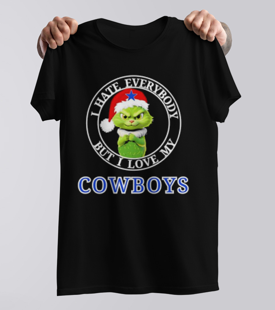 I Hate Everybody But I Love My Cowboys Grinchy Cat Christmas Santa Hat T-Shirt