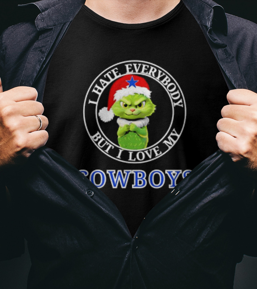 I Hate Everybody But I Love My Cowboys Grinchy Cat Christmas Santa Hat T-Shirt