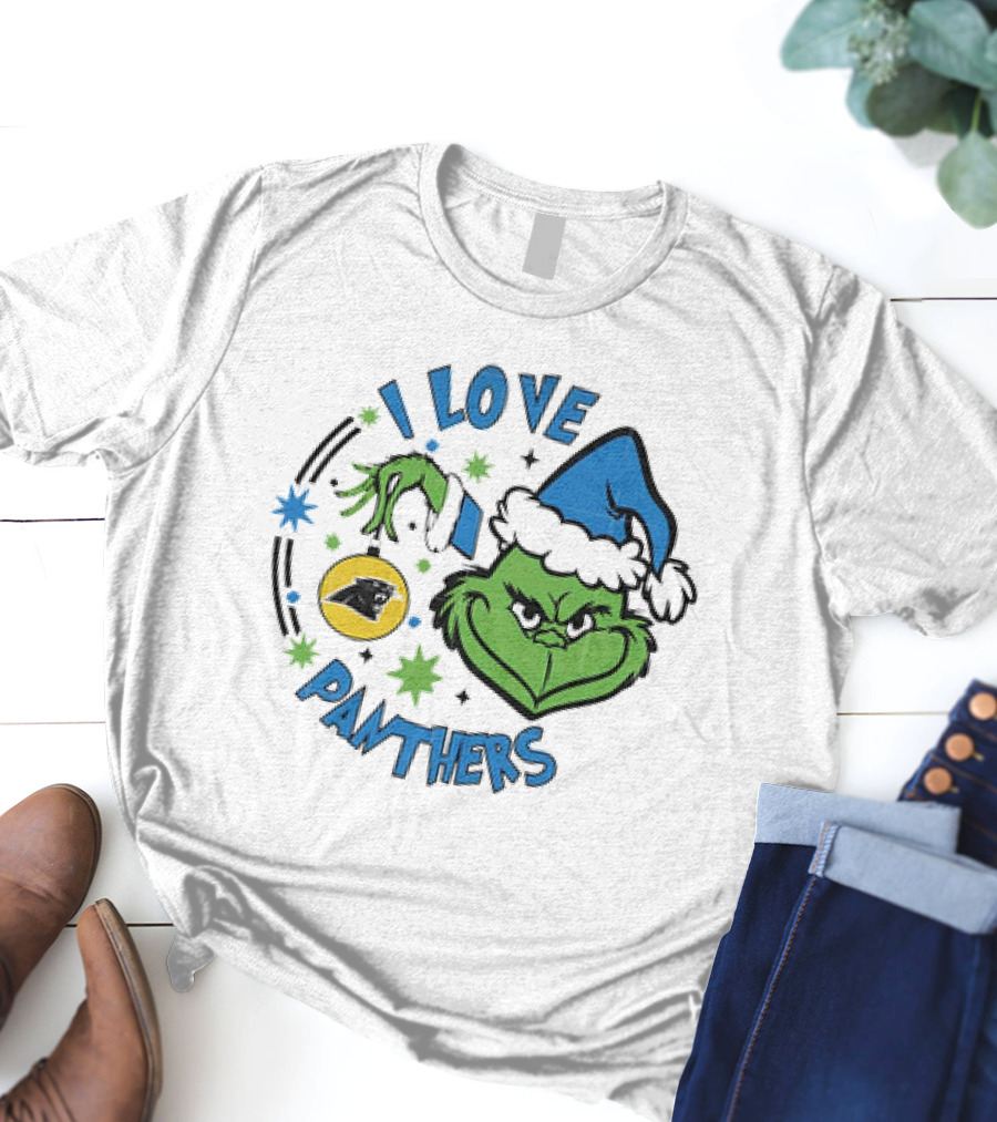 Carolina Panthers X Santa Grinch I Love Panthers Christmas Ornament Green Grinch Blue Santa Hat T-Shirt