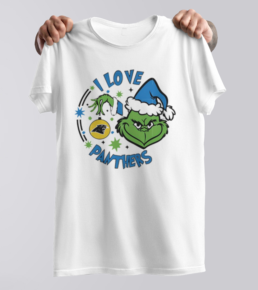 Carolina Panthers X Santa Grinch I Love Panthers Christmas Ornament Green Grinch Blue Santa Hat T-Shirt