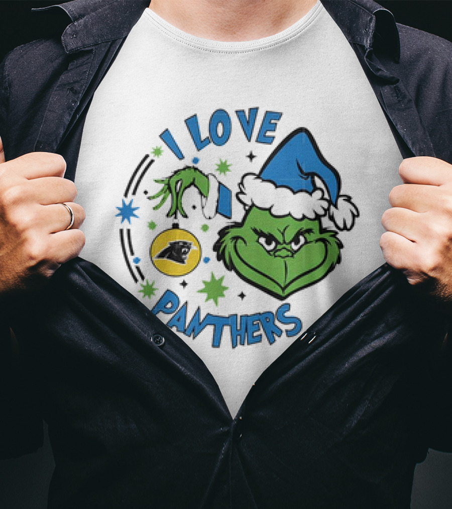 Carolina Panthers X Santa Grinch I Love Panthers Christmas Ornament Green Grinch Blue Santa Hat T-Shirt