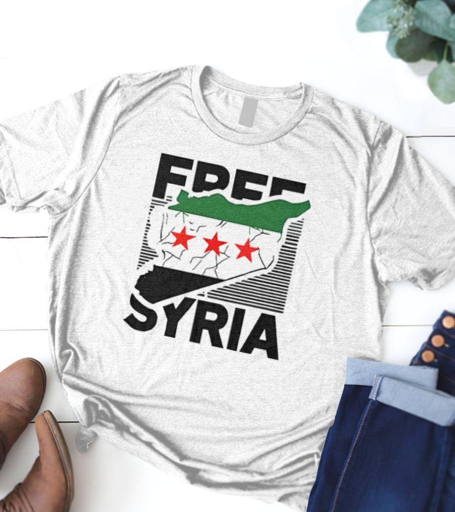 Free Syria Map With Flag Stripes And Red Stars T-Shirt