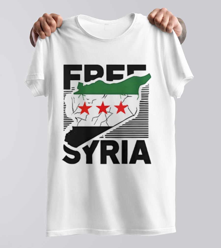 Free Syria Map With Flag Stripes And Red Stars T-Shirt