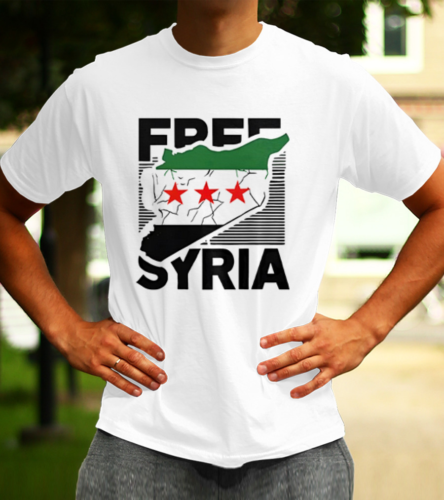 Free Syria Map With Flag Stripes And Red Stars T-Shirt