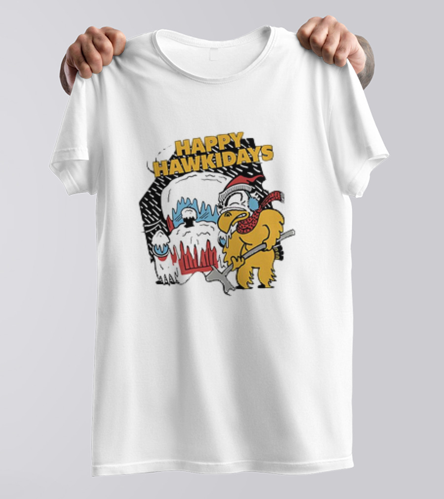 Happy Hawkidays Iowa Hawkeyes Frozen Mascot Holiday Fun T-Shirt