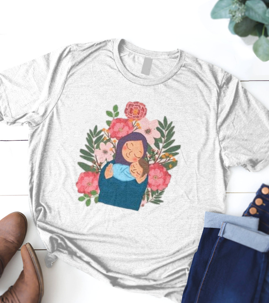 Mom And New Baby Boy Mother's Day Paint Floral Embrace T-Shirt