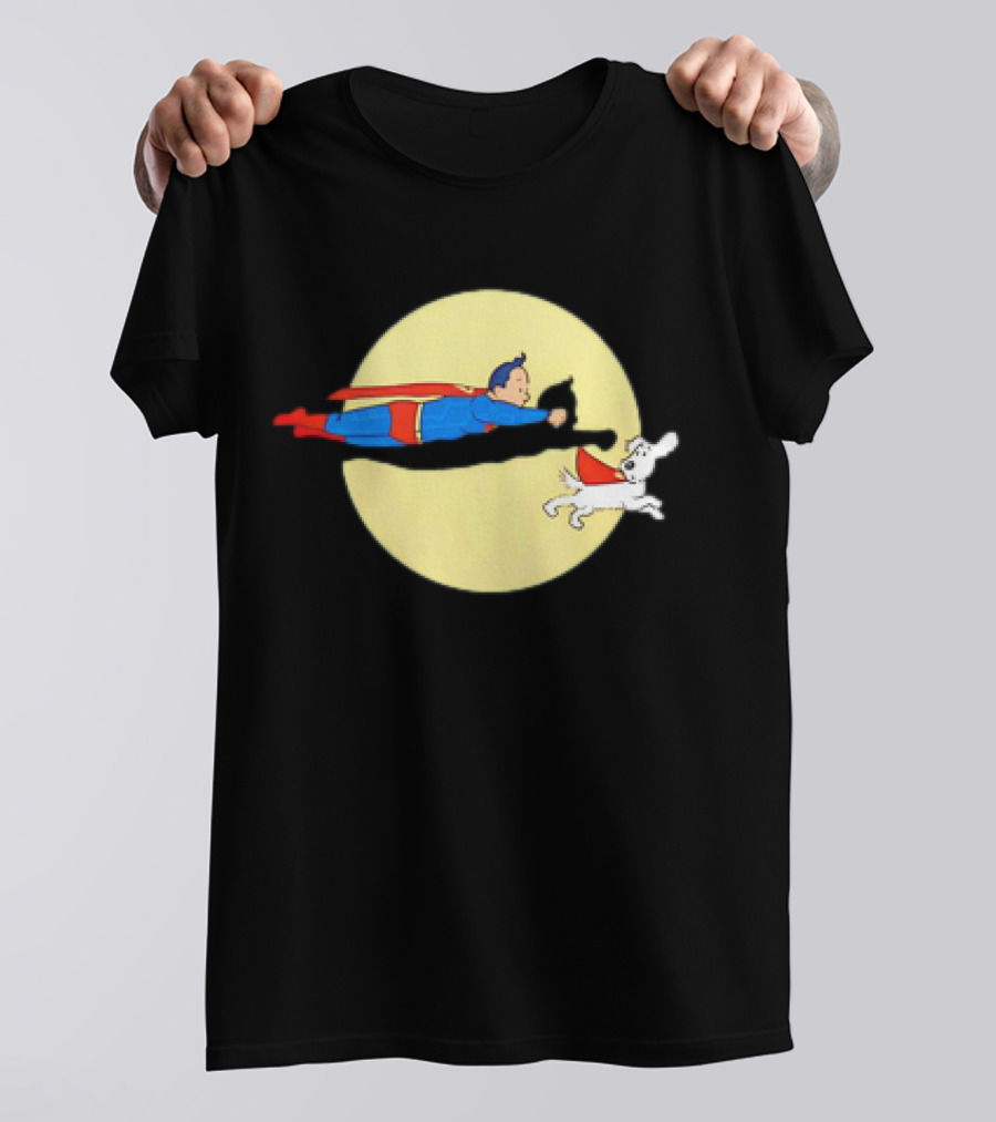 Superman And Krypto X The Adventures Of Tintin Super Tintin Flying Duo Moon Background T-Shirt