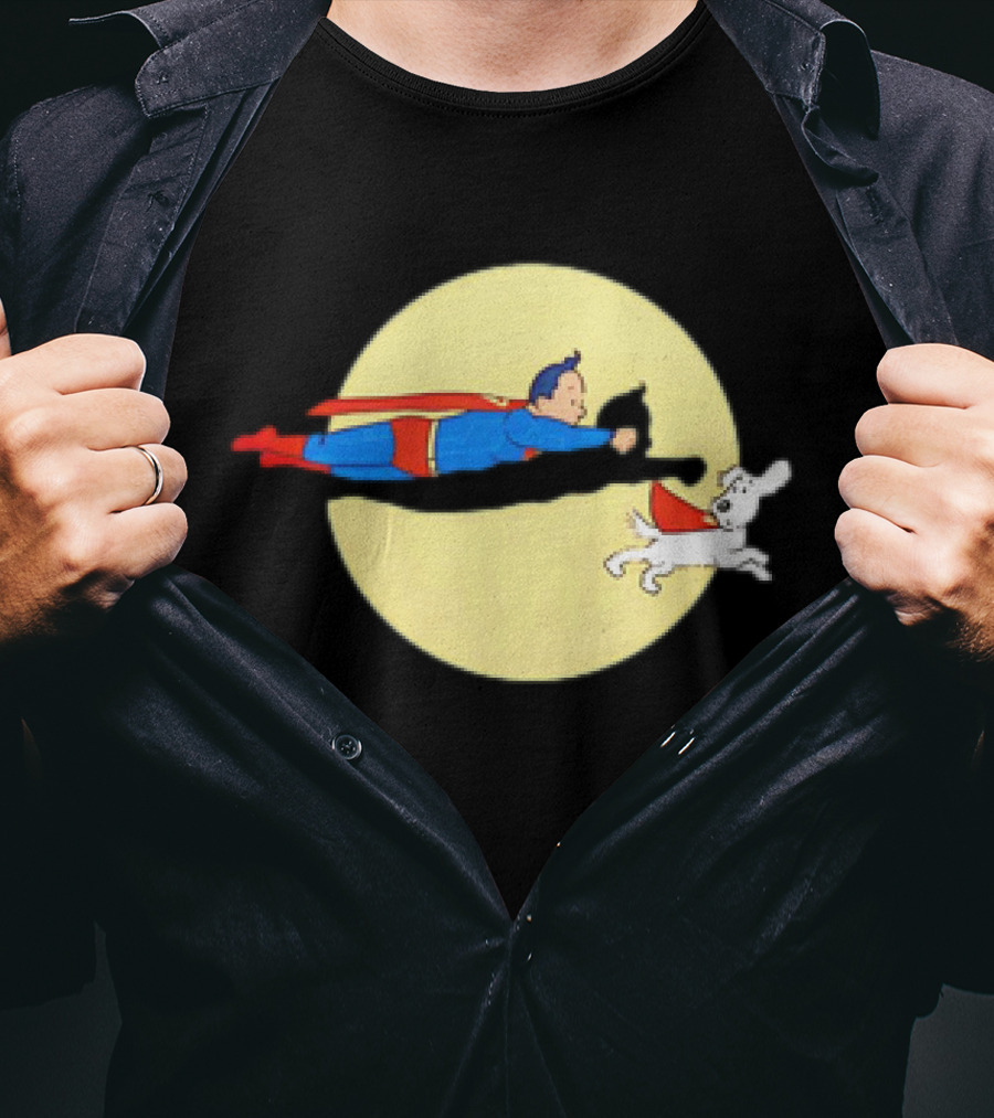 Superman And Krypto X The Adventures Of Tintin Super Tintin Flying Duo Moon Background T-Shirt