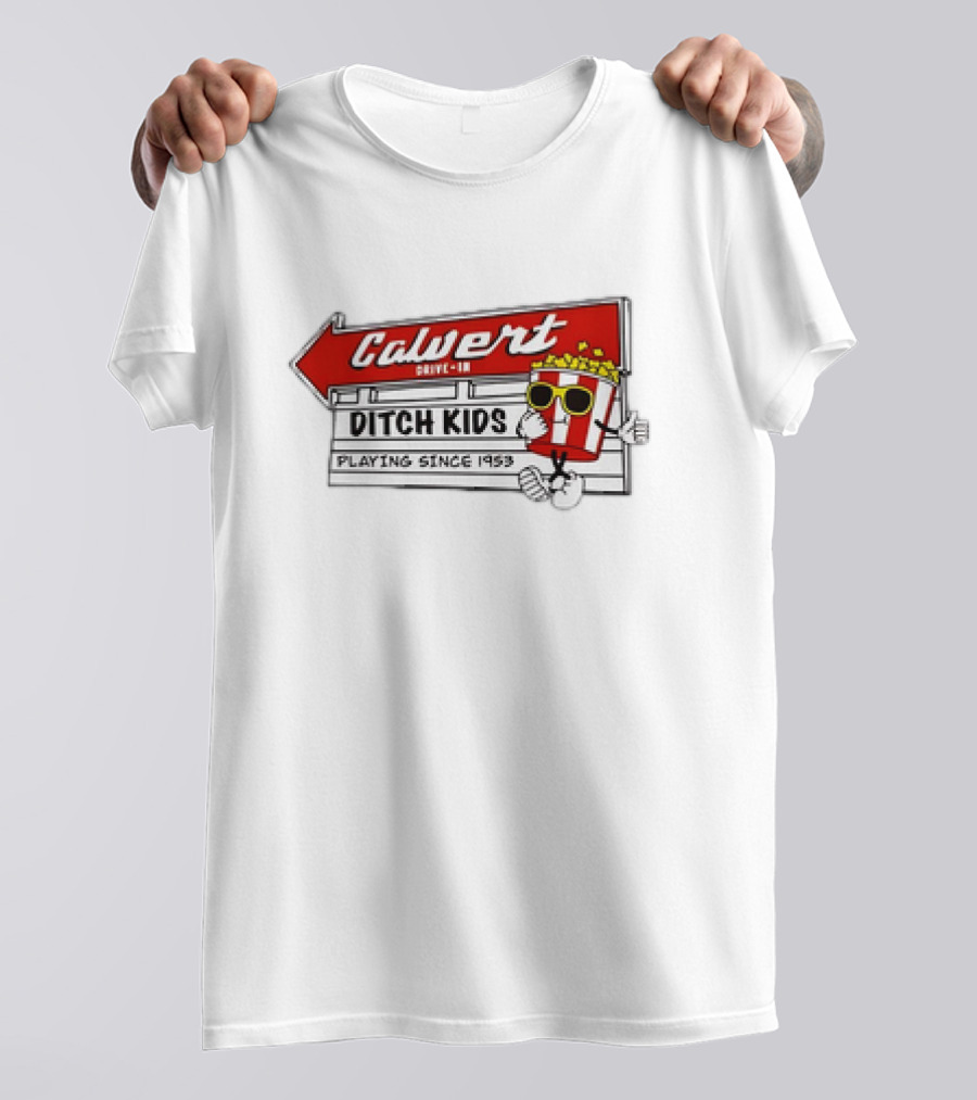 Calvert Drive-In Ditch Kids Playing Since 1953 Popcorn Character T-Shirt