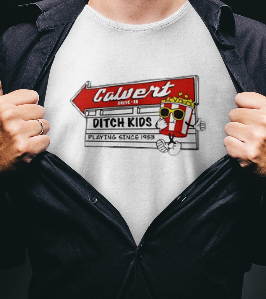 Calvert Drive-In Ditch Kids Playing Since 1953 Popcorn Character T-Shirt