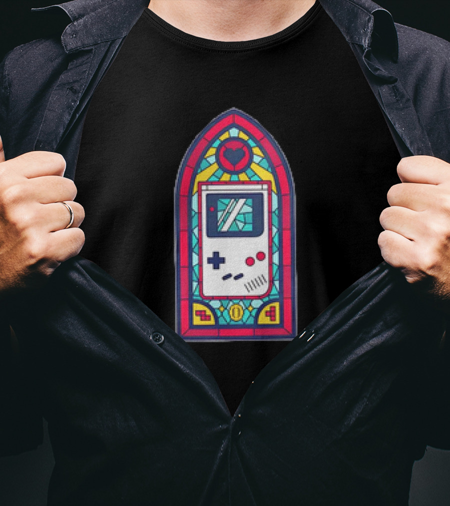 8-Bit Handheld Game Console Stained Glass Window Art With Heart T-Shirt
