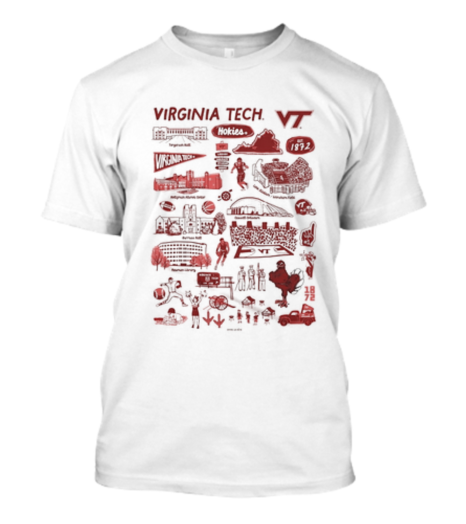 Virginia Tech Hokies VT 1872 Campus Map Lane Stadium Blacksburg Basketball Football HokieBird Burruss Hall Memorial Chapel Torgersen Bridge Monorail Library T-Shirt
