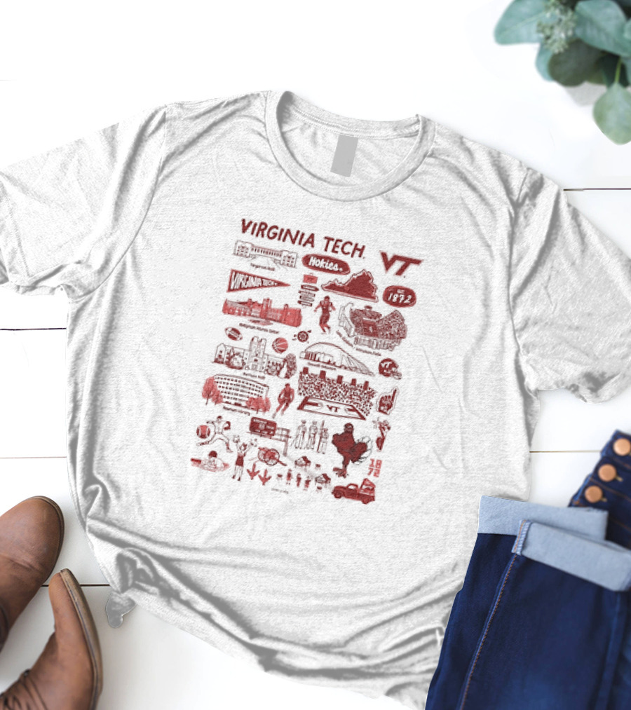 Virginia Tech Hokies VT 1872 Campus Map Lane Stadium Blacksburg Basketball Football HokieBird Burruss Hall Memorial Chapel Torgersen Bridge Monorail Library T-Shirt