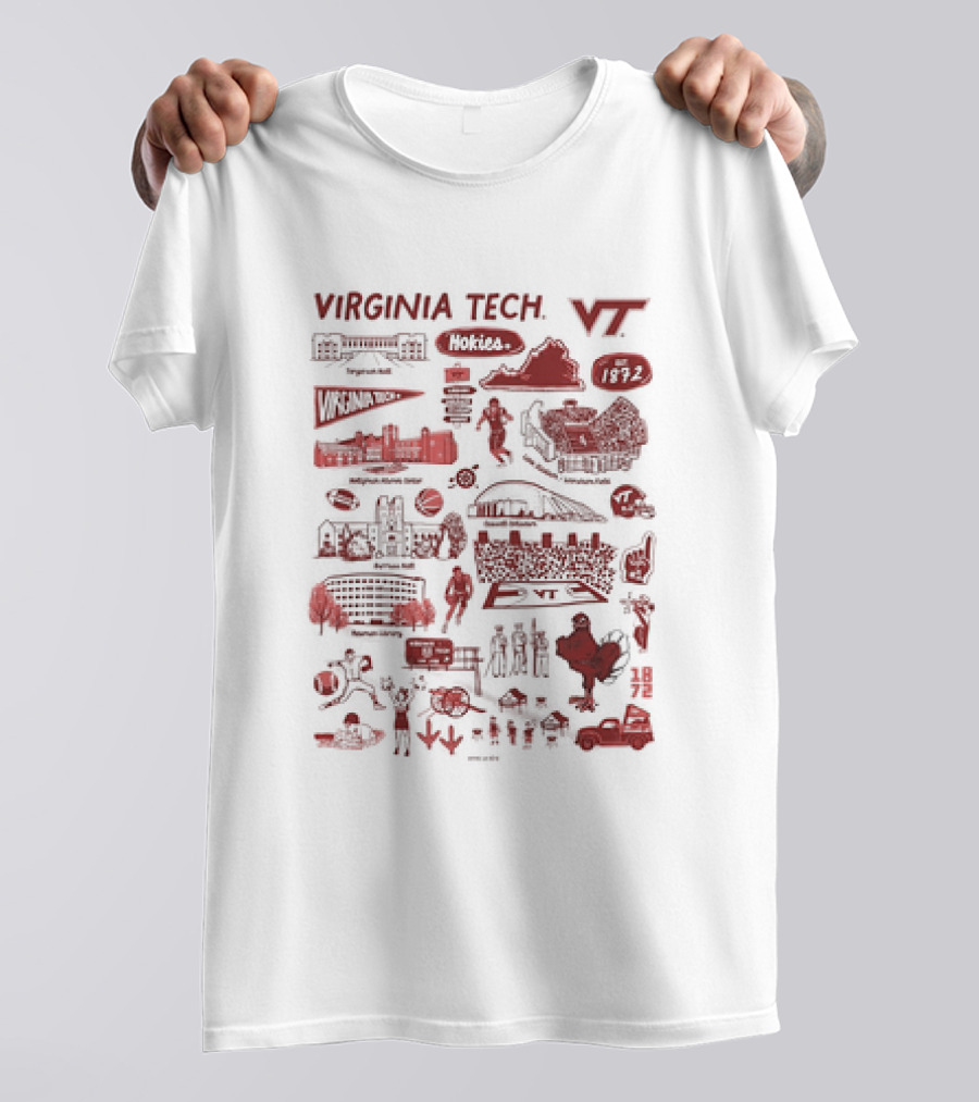 Virginia Tech Hokies VT 1872 Campus Map Lane Stadium Blacksburg Basketball Football HokieBird Burruss Hall Memorial Chapel Torgersen Bridge Monorail Library T-Shirt