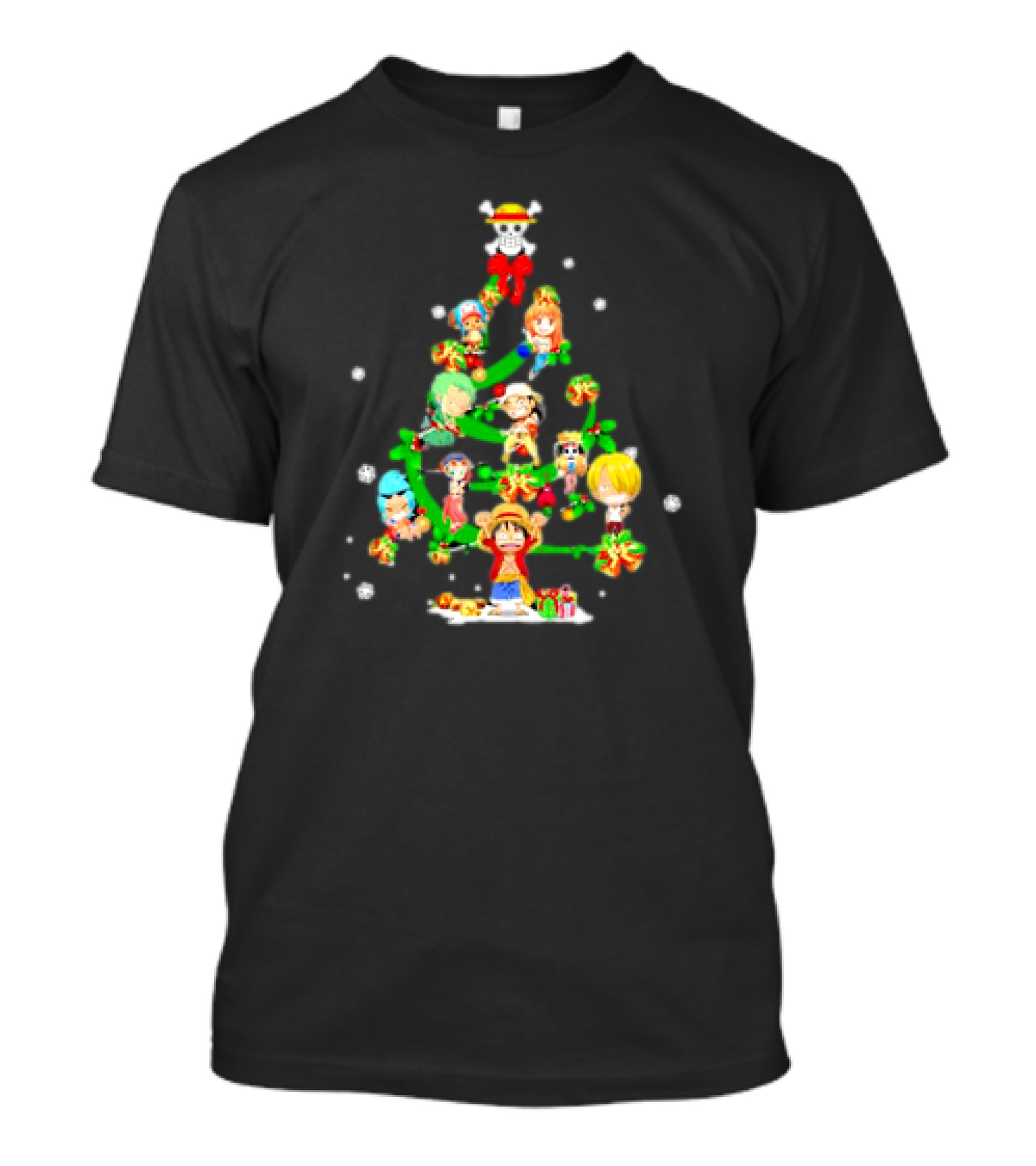 One Piece Chibi Characters Decorate Christmas Tree With Straw Hat Skull Topper T-Shirt