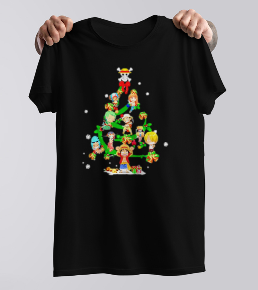 One Piece Chibi Characters Decorate Christmas Tree With Straw Hat Skull Topper T-Shirt