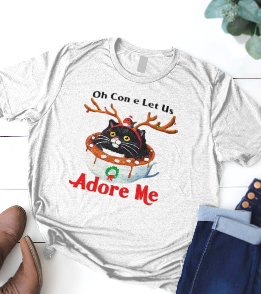 Oh Come Let Us Adore Me Cat In Reindeer Antlers T-Shirt