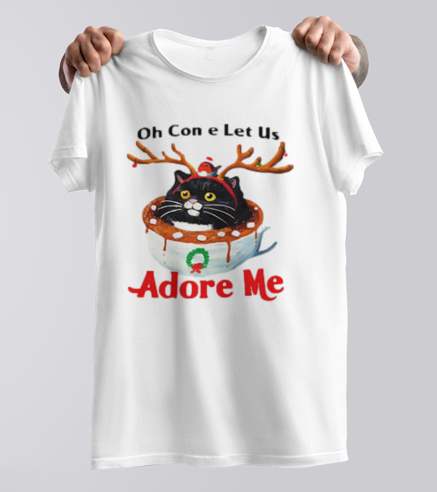 Oh Come Let Us Adore Me Cat In Reindeer Antlers T-Shirt
