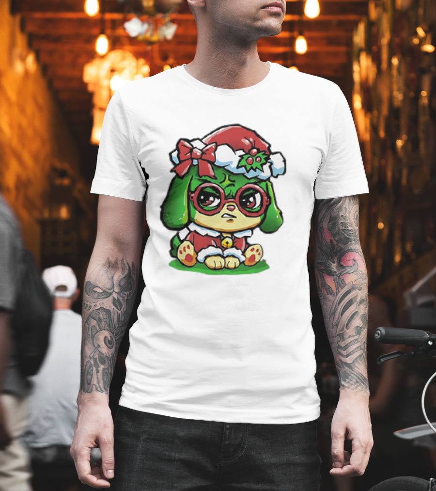 Grumpy Dog In Santa Hat With Holly And Bow For Christmas Holiday T-Shirt