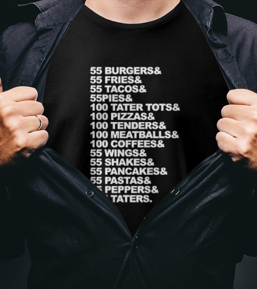 55 Burgers 55 Fries 55 Tacos 55 Pies 100 Tater Tots 100 Pizzas 100 Tenders 100 Meatballs 100 Coffees 55 Wings 55 Shakes 55 Pancakes 55 Pastas 55 Peppers 155 Taters T-Shirt