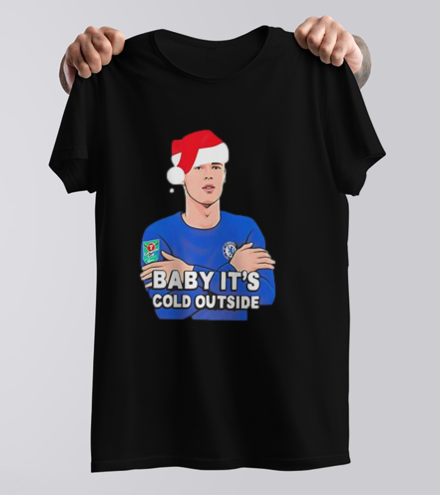 Baby It's Cold Outside Santa Hat Footballer In Blue T-Shirt