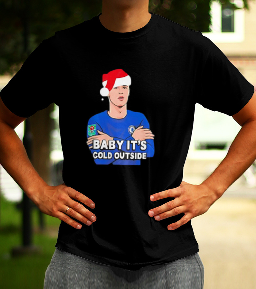 Baby It's Cold Outside Santa Hat Footballer In Blue T-Shirt