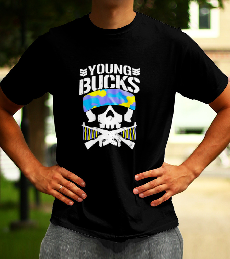 Young Bucks Skull With Camo Headband And Crossed Rifles T-Shirt
