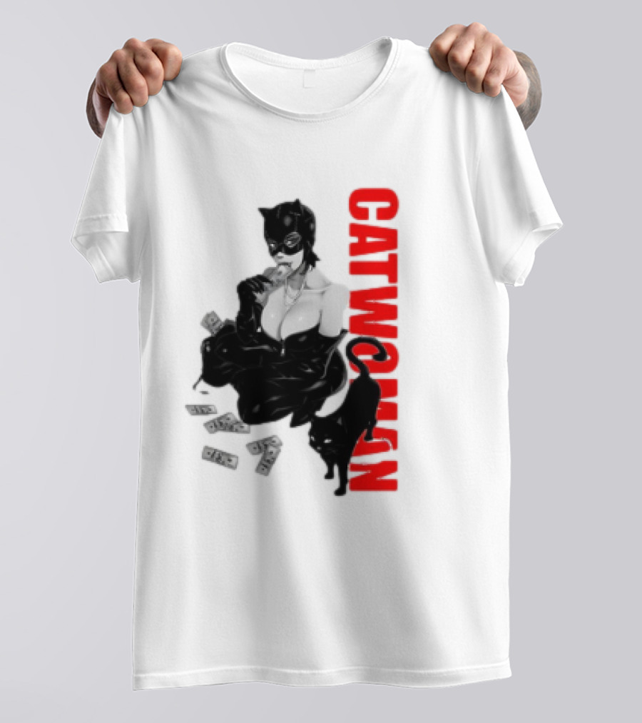 Catwoman Cartoon Noir With Money And Black Cat T-Shirt