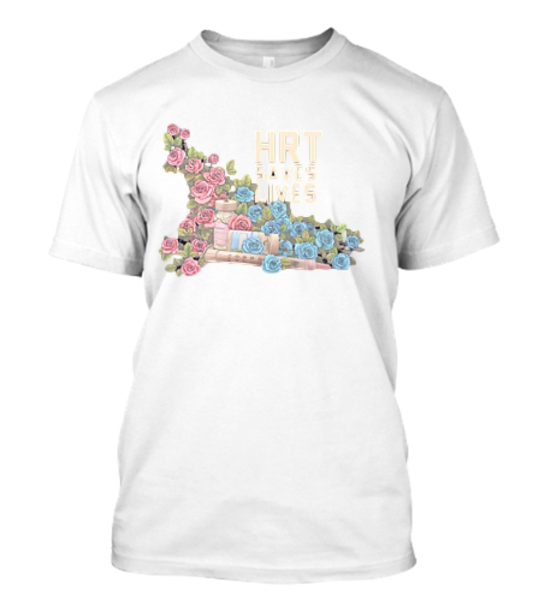 HRT Saves Lives Floral Design With Pink And Blue Roses And Medical Supplies T-Shirt