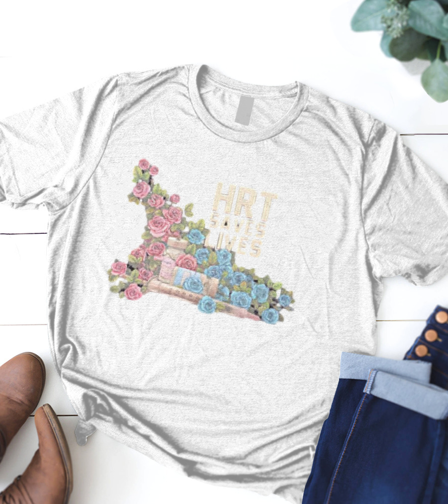 HRT Saves Lives Floral Design With Pink And Blue Roses And Medical Supplies T-Shirt