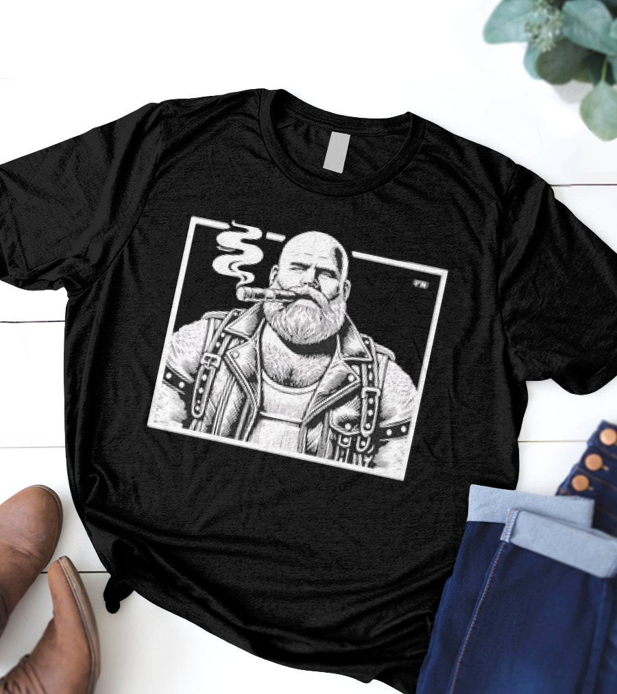 Cigar Daddy Bearded Biker In Leather Jacket T-Shirt