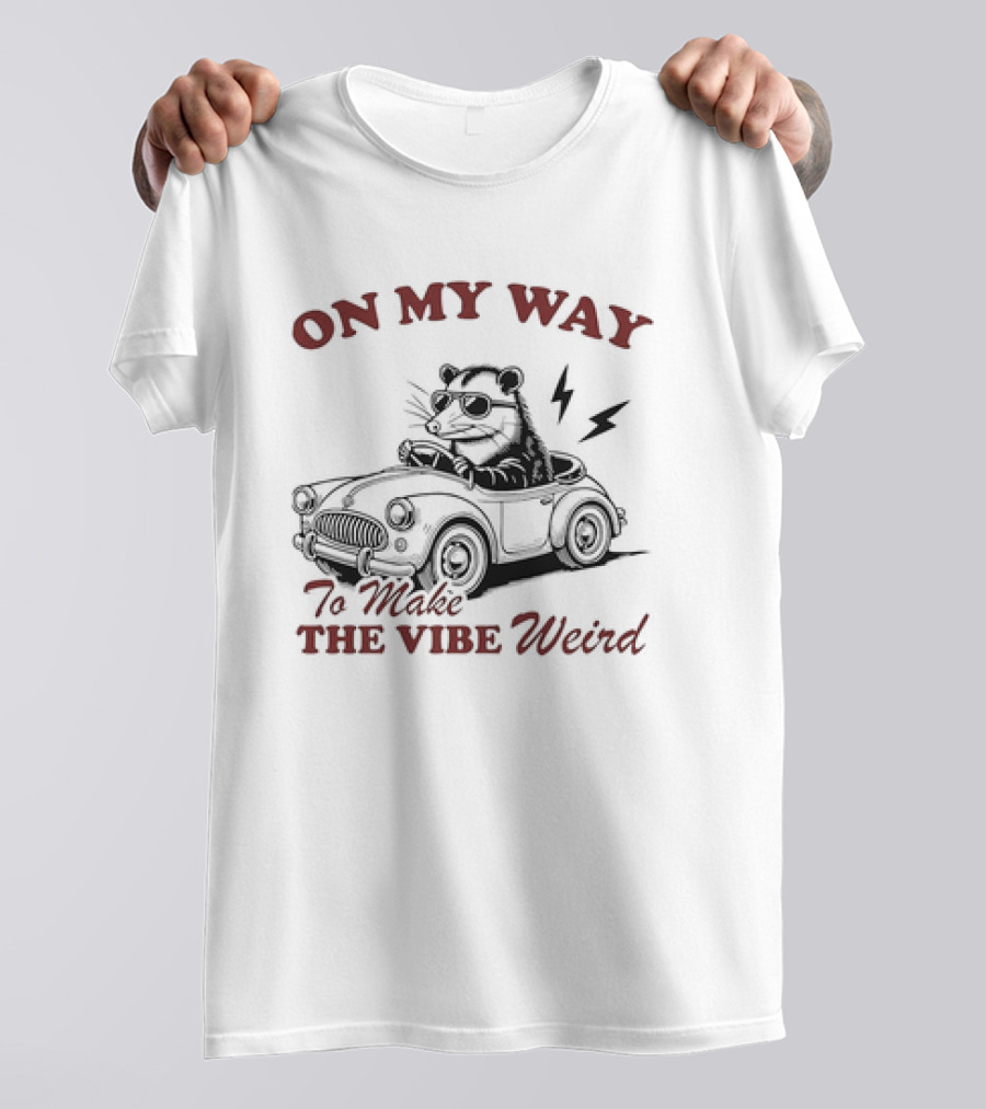 ON MY WAY TO MAKE THE VIBE WEIRD Opossum In Car With Sunglasses And Lightning Bolt T-Shirt
