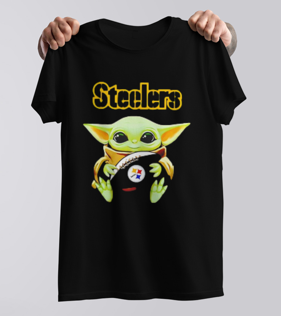 Baby Yoda Hugging Pittsburgh Steelers Football T-Shirt