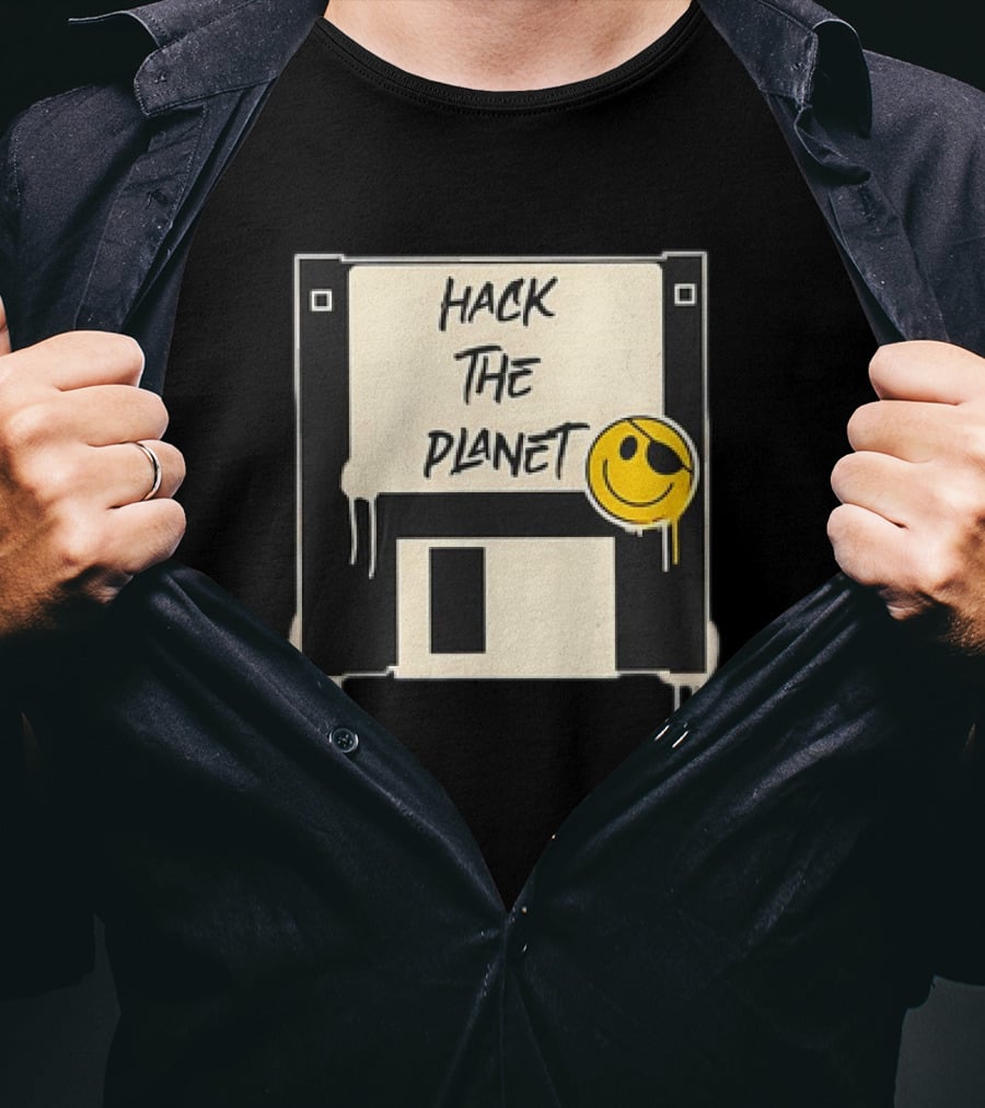 Hack The Planet Floppy Disk Smiley Face T-Shirt