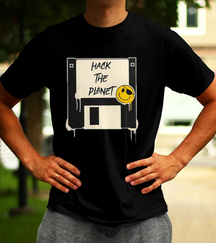 Hack The Planet Floppy Disk Smiley Face T-Shirt