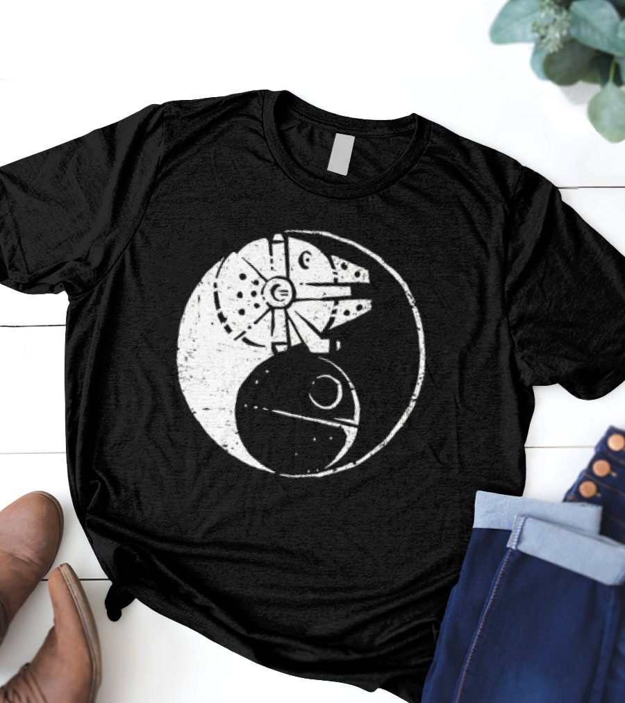Millennium Falcon And Death Star Yin Yang Balancing The Force T-Shirt