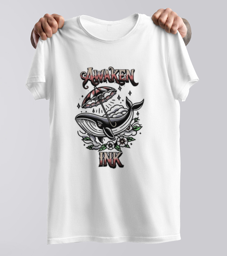 Awaken Ink Whale With Umbrella And Flowers T-Shirt