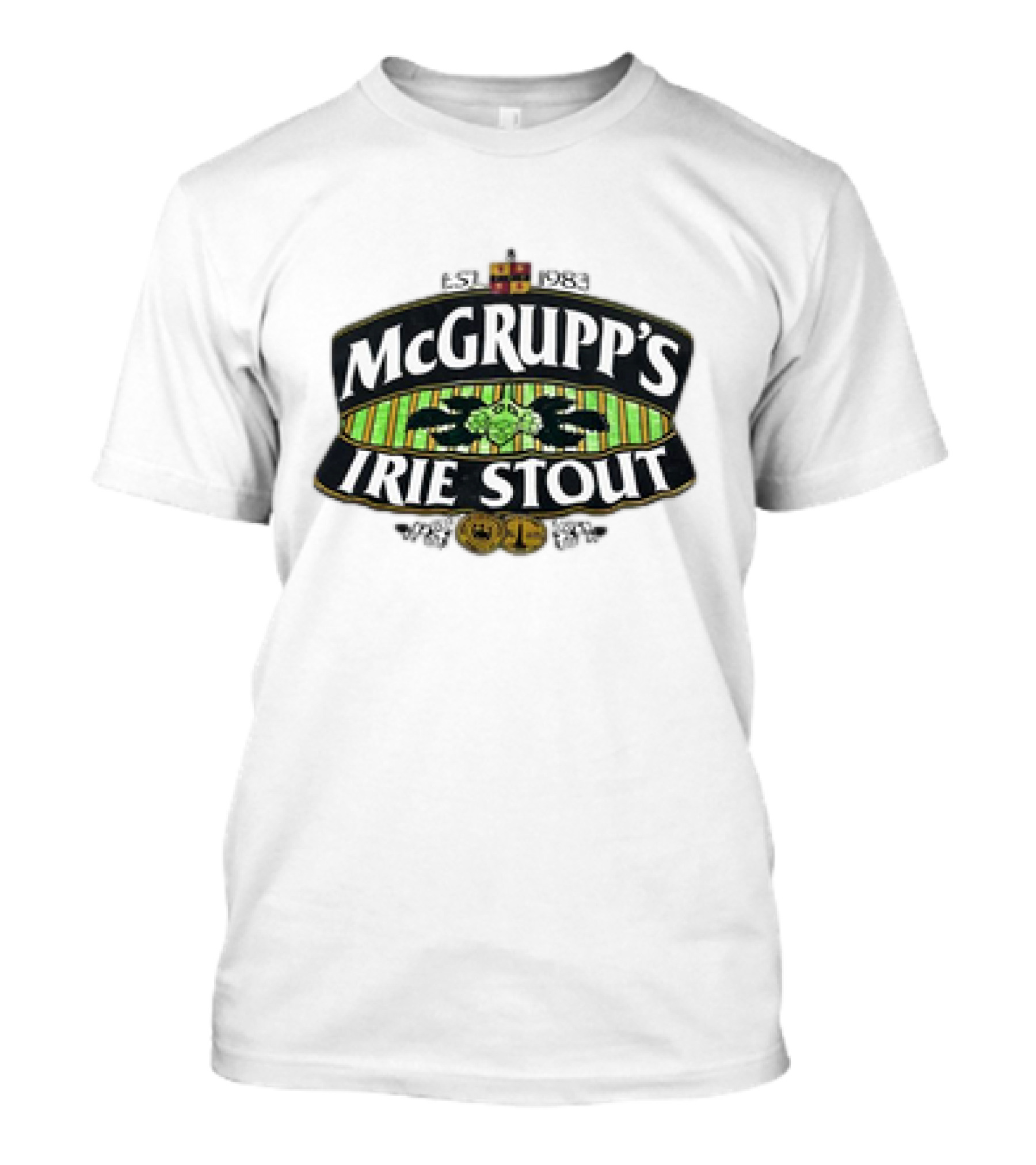 McGrupp's Irie Stout Est 1983 Logo With Green Striped Background And Emblem T-Shirt