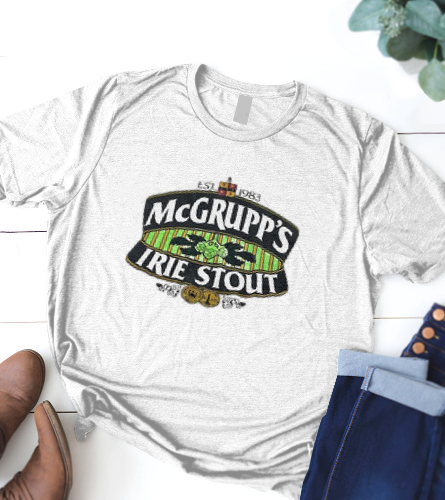 McGrupp's Irie Stout Est 1983 Logo With Green Striped Background And Emblem T-Shirt