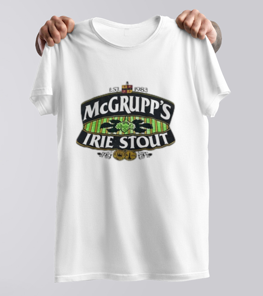 McGrupp's Irie Stout Est 1983 Logo With Green Striped Background And Emblem T-Shirt