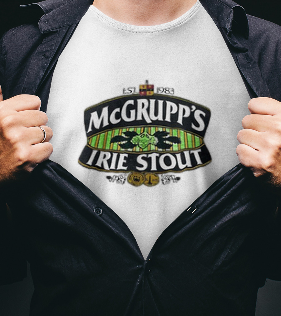 McGrupp's Irie Stout Est 1983 Logo With Green Striped Background And Emblem T-Shirt