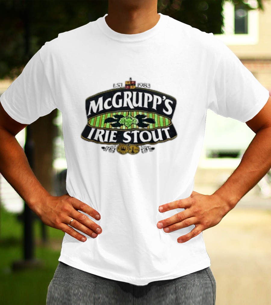 McGrupp's Irie Stout Est 1983 Logo With Green Striped Background And Emblem T-Shirt
