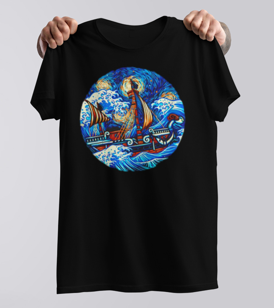 Going Merry One Piece Pirate Ship Van Gogh Wave T-Shirt