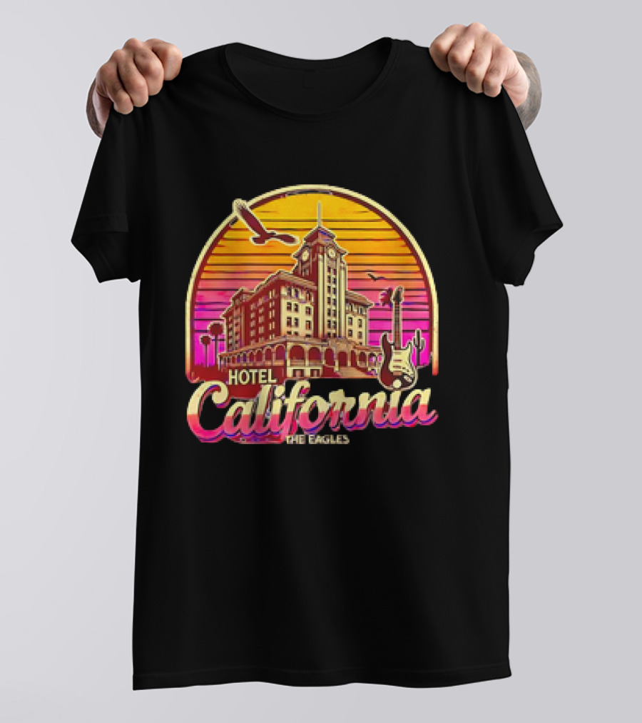 Hotel California The Eagles Sunset Art Deco Guitar And Seagulls T-Shirt