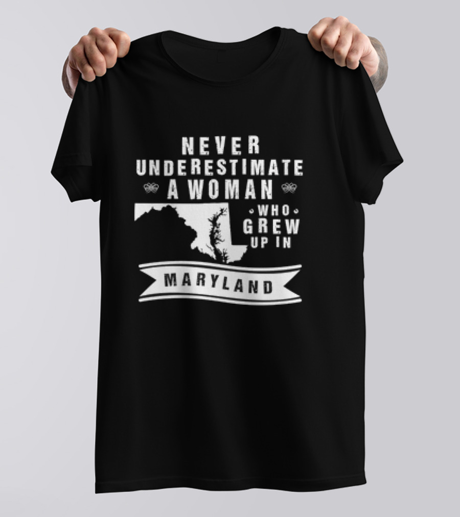 Never Underestimate A Woman Who Grew Up In Maryland Map Banner T-Shirt