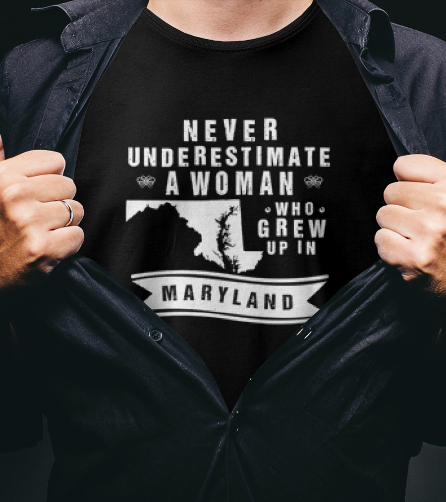 Never Underestimate A Woman Who Grew Up In Maryland Map Banner T-Shirt