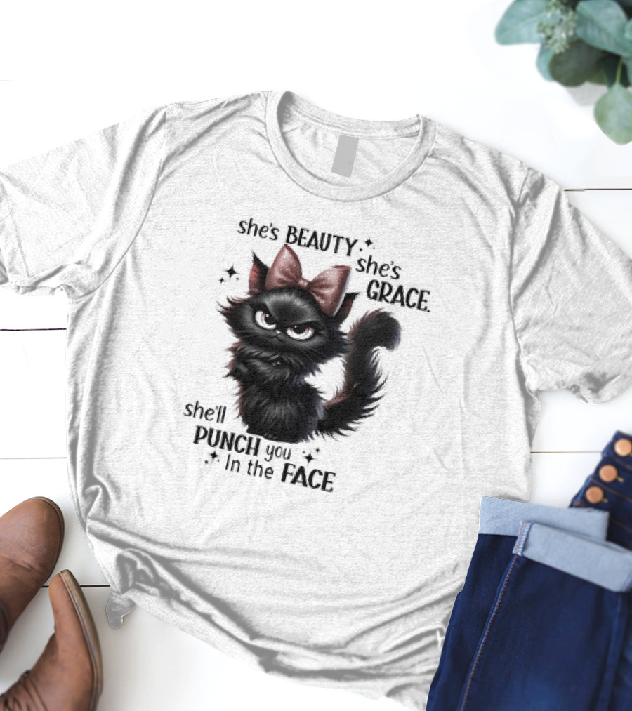 She's Beauty She's Grace She'll Punch You In The Face Black Cat With Bow And Sparkles T-Shirt